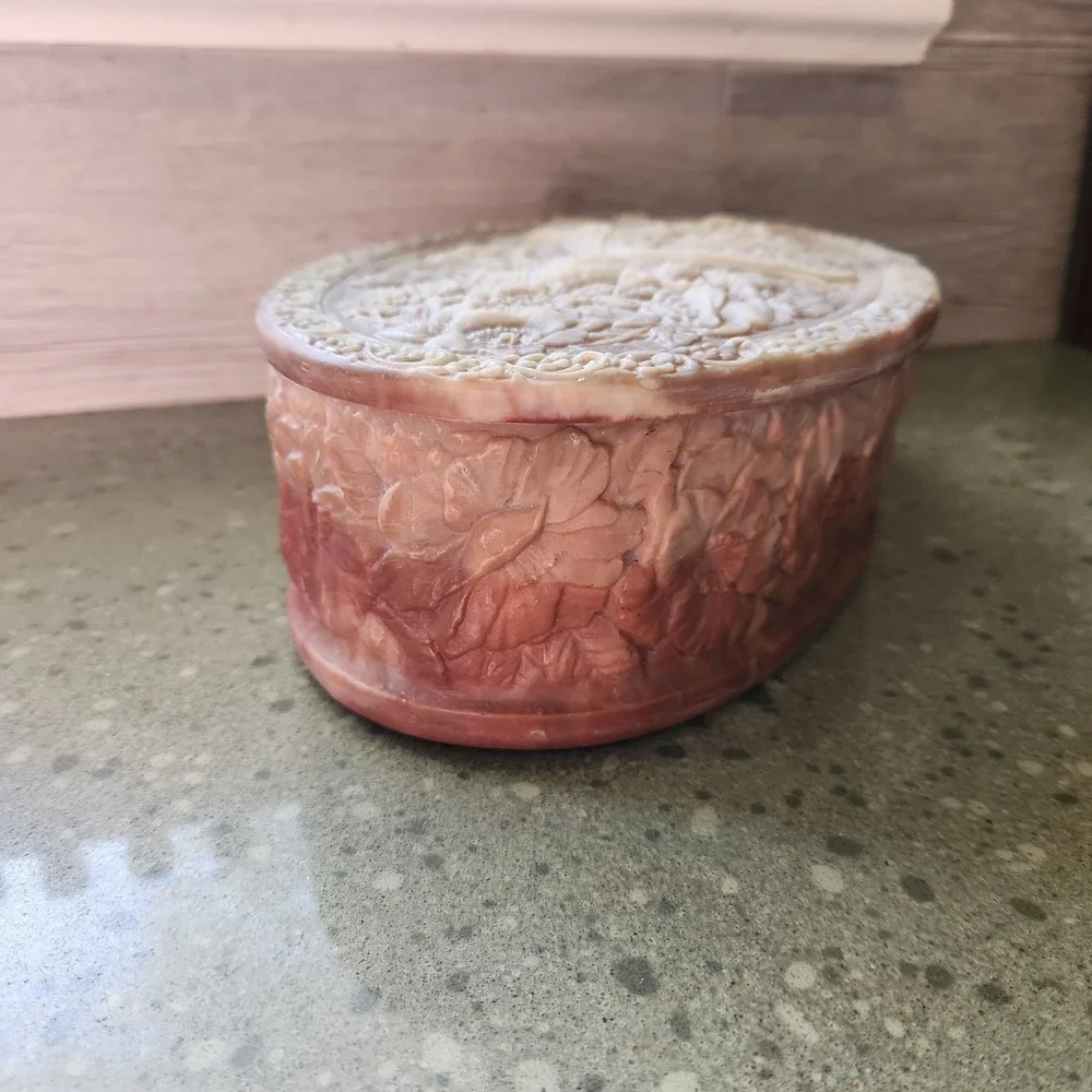 VTG Pink Incolay Stone Jewelry Box Birds of Paradise Pheasant Peacock, READ